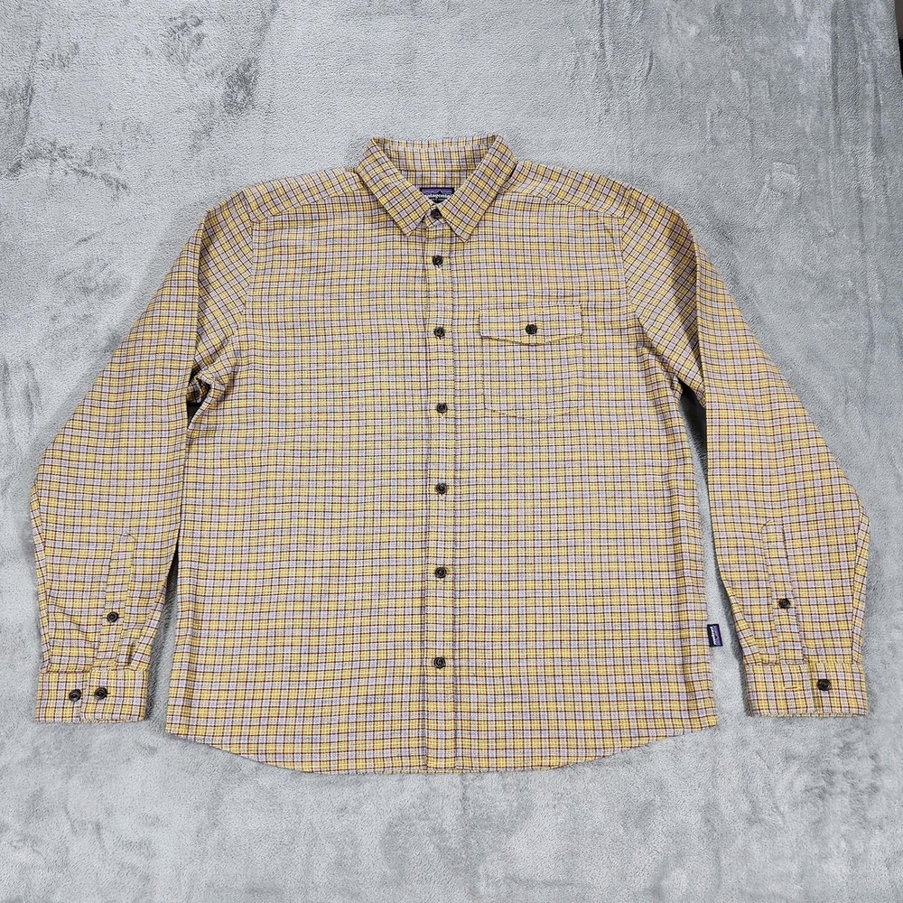 Patagonia Shirt Mens Large Yellow Fjord Flannel Plaid Organic Cotton‎